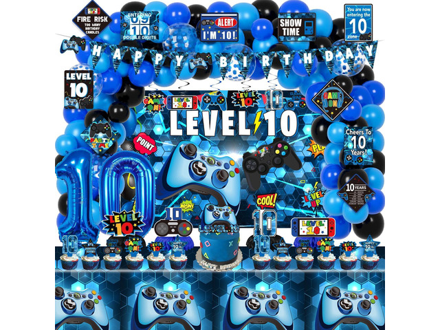 KOTLMIGHT 10th Birthday Decorations for Boys, 149Pcs Blue Video Game level 10 Party Supplies for Boy 10th Birthday - Backdrop, Banner, Balloons,...