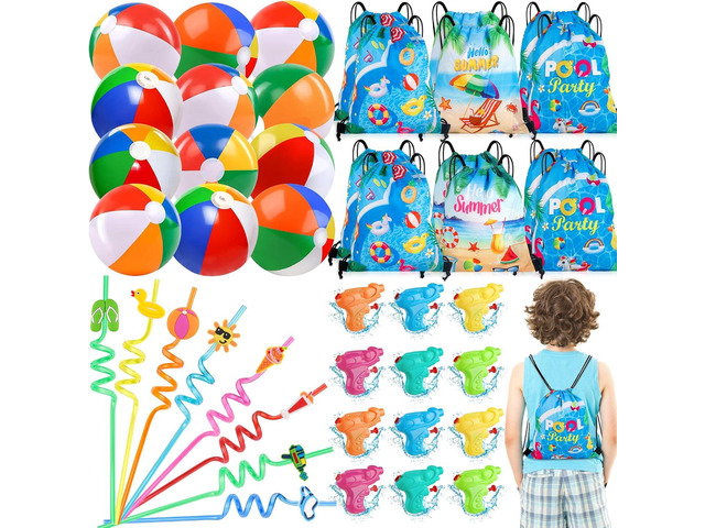 Pool Party Favors for Kids 12 Pack Summer Beach Party Favors for Goodie Bag Stuffers Birthdays, Summer Pool Toys, Beach Balls, Straws, Drawstring...