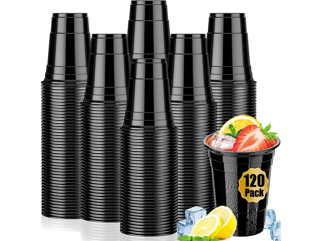 120 Pack 16 oz Black Cups, Heavy Duty Black Plastic Cups for Party, Cold Drinks, BBQ, Black Disposable Cups for Christmas, Halloween, Wedding,...