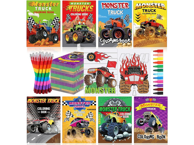 Funrous 24 Set Monster Truck Coloring Books Bulk with 24 Stacking Crayons Monster Truck Party Favors Activity Books Classroom Gifts for Themed...