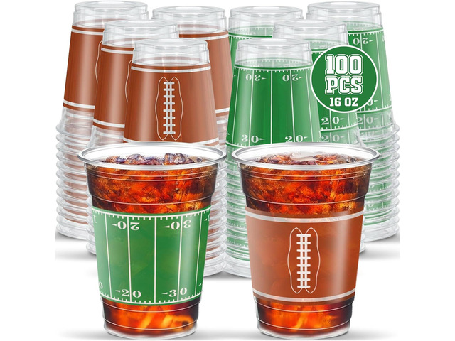 ArtCreativity Football Party Cups - Set of 100 - Football Party Supplies - 16 Ounce Disposable Cups - 2 Designs for Football Party Decorations -...