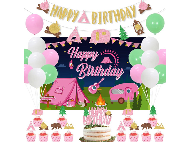 Girl Camping Party Decorations, Pink Camping Party Decorations with Happy Birthday Backdrop Cake Topper Banner Garland Cupcake Topper Balloons for...