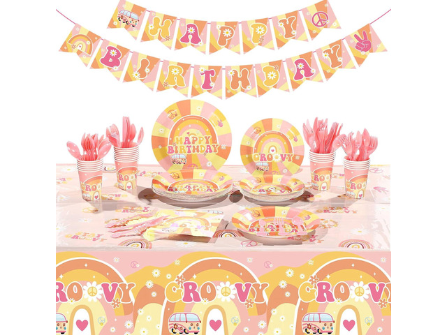 189 Pcs Two Groovy Birthday Party Tableware Set, Groovy Boho Hippie Daisy Tablecloth 24 Guests Dinner Plates Dessert Plates Cups and Napkins for...