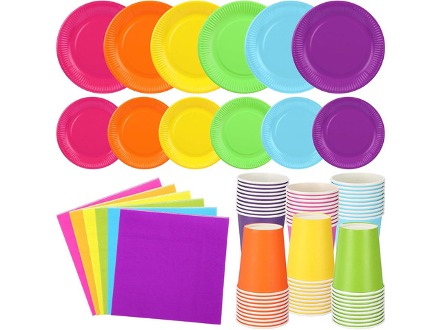 Geosar 240 Pieces Rainbow Party Tableware 60 Set Colorful Paper Plates and Napkins 9oz Paper Cups Complete Pack Disposable Dinnerware Set for...