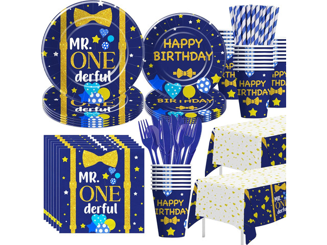 APOWBLS Mr Onederful First Birthday Decorations Tableware Boy, Baby Boy Onederful 1st Birthday Party Supplies, Paper Plate, Cup, Napkin,...