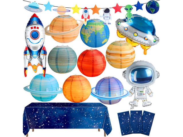 Sotiff 16 Pcs Outer Space Birthday Themed Party Decorations Supplies Includes Space Tablecloth Planet Paper Lanterns Plastic Universe Garland...