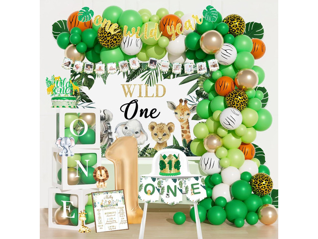 Wild One Birthday Decorations for Boys 120PCs Safari Jungle Animal Theme 1st Party Supplies With First Birthday Backdrop, Balloon, Banner, Poster,...