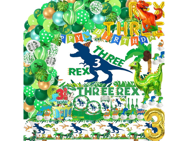 Three Dino Rex Birthday Party Decorations Dinosaur Birthday Party Supplies 3 Year Old Boy Dino Balloon Arch Backdrop Cake Topper Plates Napkins and...