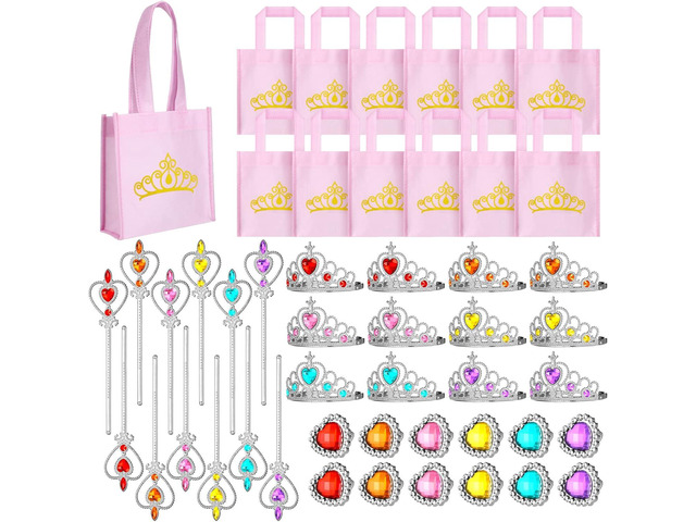 Yinder 12 Princess Party Favors Costume Dress up Accessories Set Included Gift Bags Princess Plastic Crown Tiara Rings and Wands Christmas Birthday...