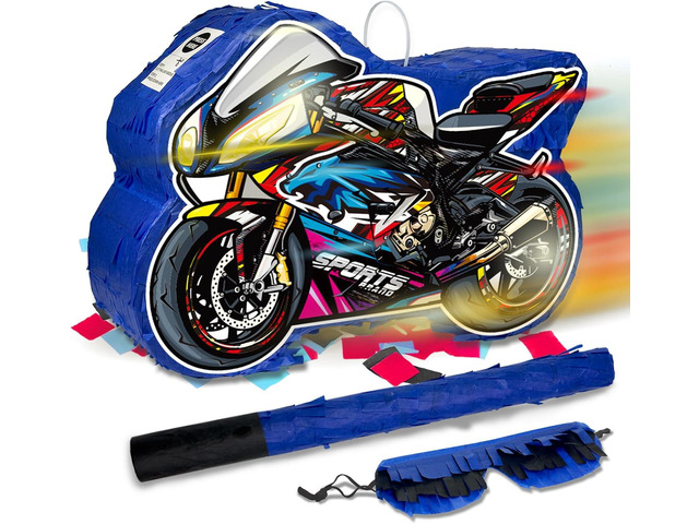 Motorcycle Pinata for Boys, Birthday Party Supplies with Stick and Blindfold for Party Decoration, 15.75 x 11.8 x 4.13 Inches