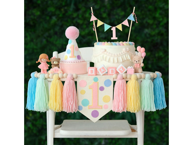 Pastel First Birthday Decorations for Girl 1st High Chair Banner and Chapter One Birthday Crown First Happy Birthday Hat Outfit Baby Girl Party...