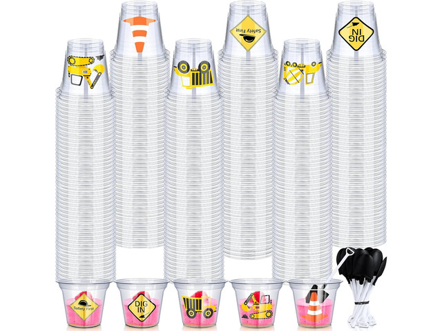 WILLBOND 120 Pcs Construction Party Cups Construction Party Favors Disposable Dump Truck Cup Clear Plastic Cups with Shovel Shape Dessert Spoon for...