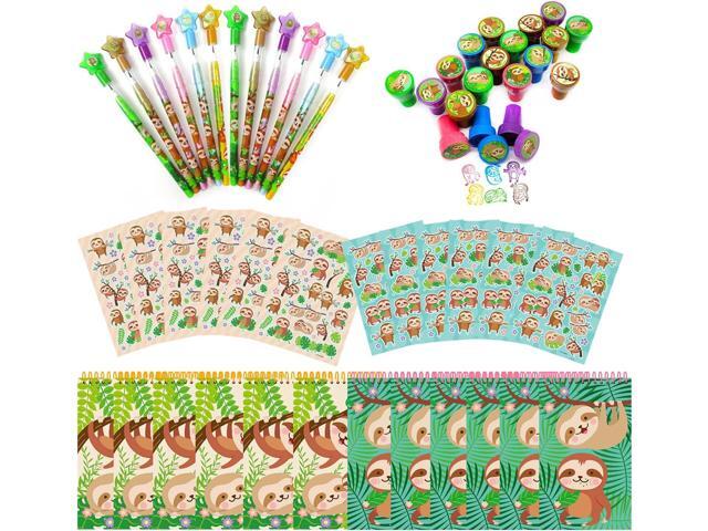 TINYMILLS Sloth Birthday Party Favor Set (12 multi-point pencils, 12 self-inking stampers, 12 sticker sheets, 12 small spiral notepads) Sloth Party.