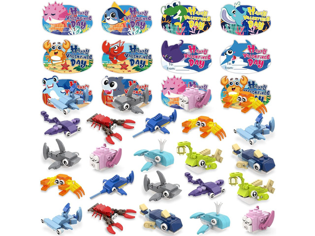 Celltestria 30pcs Valentines Building Blocks, Valentine's Day Gifts Toys for Kids Marine Animals Building Toys with Cards for Boy Girl Classroom...