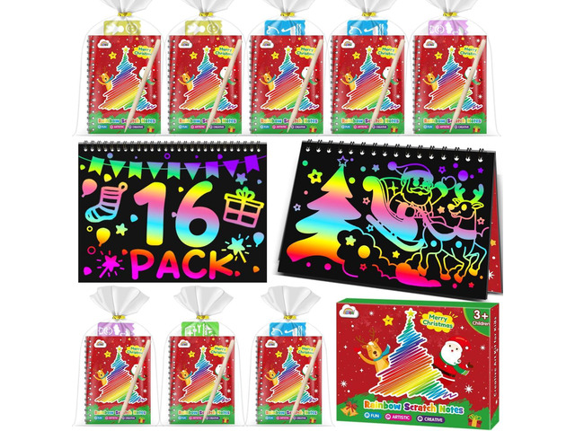 ZMLM Christmas Scratch Art Party Favors: 16 Pack Rainbow Scratch Notebook Bulk Scratch Art for Kids Birthday Party Favors Girls Boys Christmas...