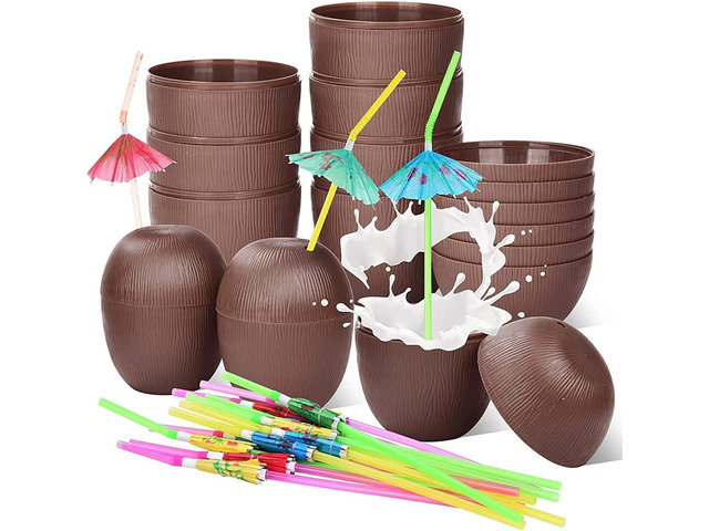 Haundry 12 Coconut Cups with 12 Straws and 12 Cocktail Drink Picks, Hawaiian Luau Tiki and Beach Party Decorations for Kids and Adults