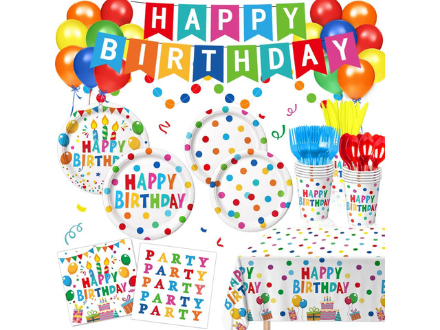 Happy Birthday Decorations - Colorful Dots Birthday Party Supplies Includes Plates, Napkins, Cups, Cutlery, Banner, Hanging Swirl, Tablecloth,...