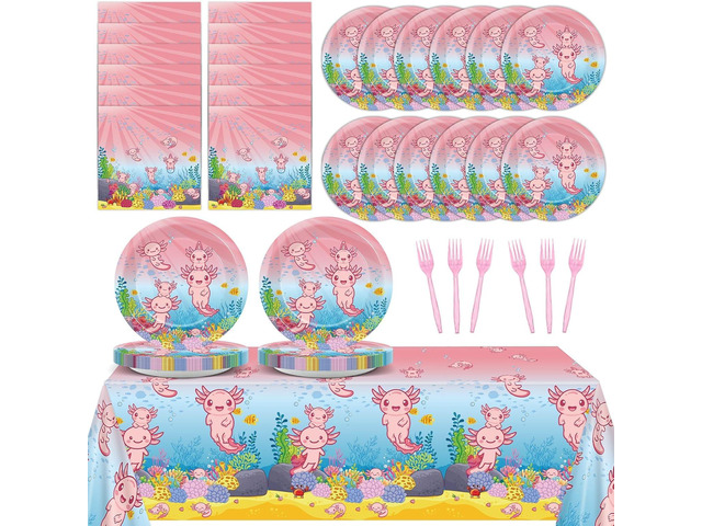 chiazllta 20 Guests Pink Cartoon Axolotl Birthday Party Supplies Reptile Animals Party Tableware Set Girl Axolotl Party Decor Favors Disposable...