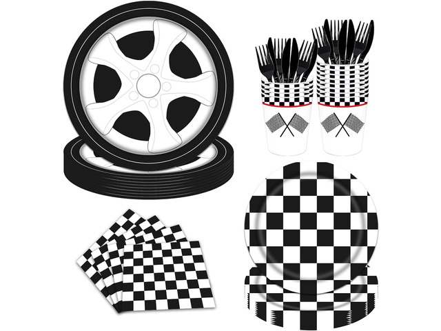 144PCS Racing Car Birthday Party Supplies Boys Racing Car Tableware Sets Black and White Checkered Race Car Party Decorations Car Theme Paper...