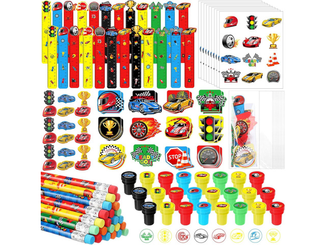 Cholemy 84 Pcs Race Car Party Favors Racing Theme Stationery Set Includes Pencils Rulers Stampers Erasers Stickers Notepads Goodie Bag Stuffers for...