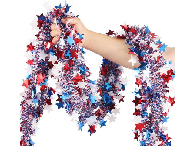 50 FT 4th of July Garland Decorations - Patriotic Star Tinsel Garland, Red White Blue Metallic Party Supplies Decor for America 250th Anniversary,...