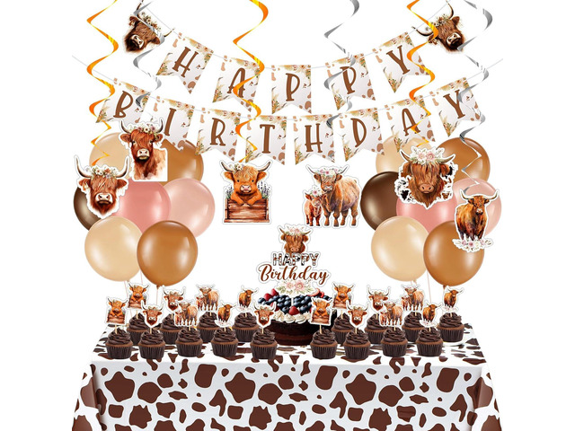 Hollowfly Highland Cow Birthday Party Decorations Cute Boho Cow Party Supplies with Retro Floral Birthday Banner Hanging Swirls Cattle Cake Toppers...