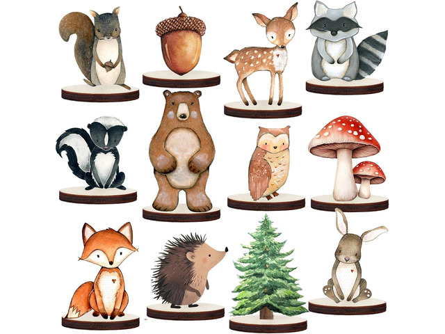 12 Pcs Painted Woodland Animals Wood Table Centerpieces Cutout Shapes Woodland Baby Shower Decorations Wild Creatures Wood Table Topper for Forest...