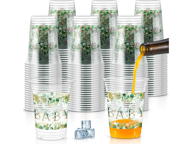 Jinei 60 Pcs Eucalyptus Baby Shower Supplies 16 oz Plastic Cups Bulk Sage Green Baby Shower Disposable Cups for Birthday Party Supplies Gender...