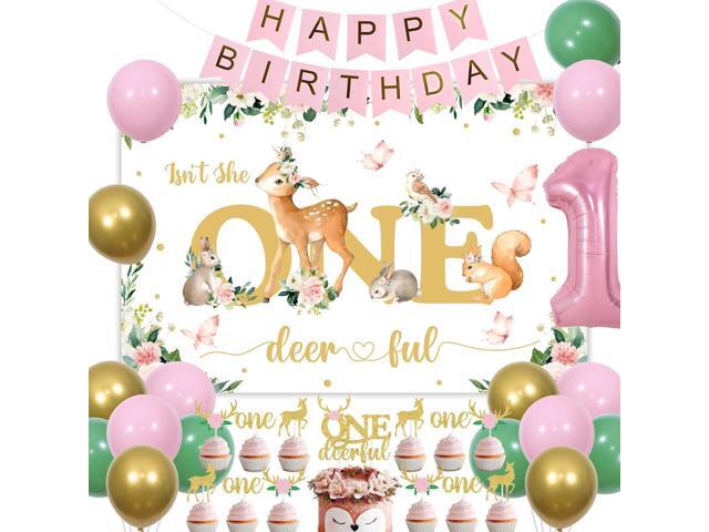 Isn't She Onederful Girls 1st Birthday Decorations, Deer First Birthday Party Supplies for One Year Old Girl - Floral Backdrop Balloons Cake...