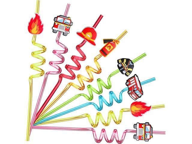 24 Fire Truck Party Favors Drinking Straws for Fire Truck Birthday Party Supplies with 2 PCS Straws Cleaning Brush