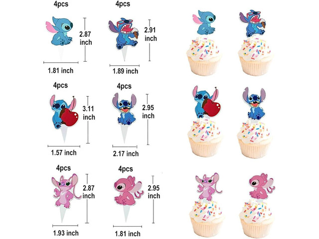 Stitch Cupcake Stand 3-Tier Pink with 24 Stitch Cupcake Toppers Hawaiian Aloha Luau Birthday Party Decorations for Kids, Stitch Party Supplies