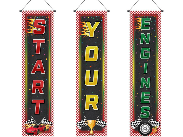 Tiamon 3 Pcs Racing Fans Banners Race Cars Birthday Decor Checkered Hanging Banner Truck Flag for Holiday Gifts Indoor Outdoor Car Game Supplies...