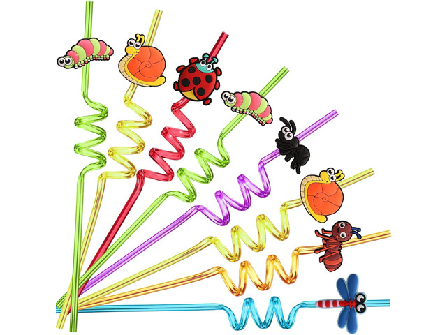 24 Bug Birthday Party Supplies Reusable Plastic Straws for Insect Themed Party Favors Decorations with 2 Cleaning Brushes