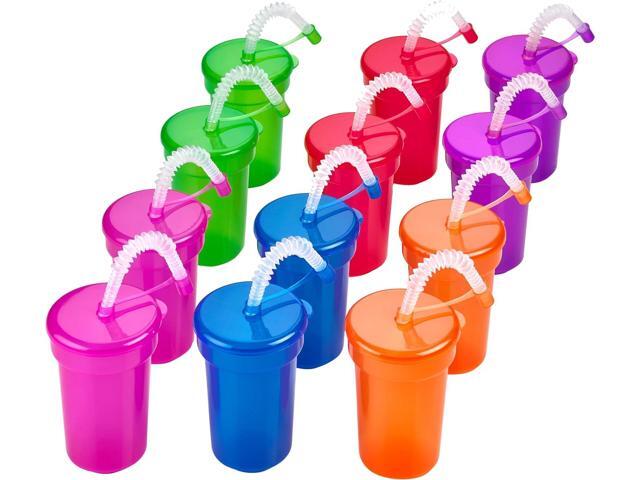 Playbees 12 Pack Neon Sipper Cups - 6 Oz. - Colorful, Spill-Proof Cups with Lids and Straws - Ideal for School Events, Themed Parties, and Birthday.