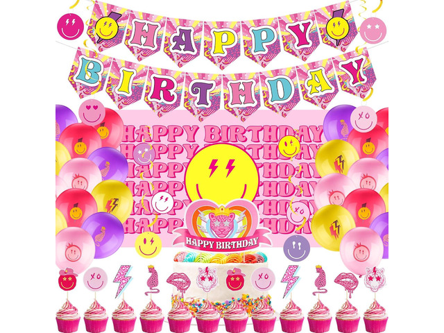 Remerry 111 Pcs Preppy Birthday Decorations Preppy Party Decorations Pink Smile Face Party Supplies Set Pink Happy Birthday Banner Balloon Stickers...