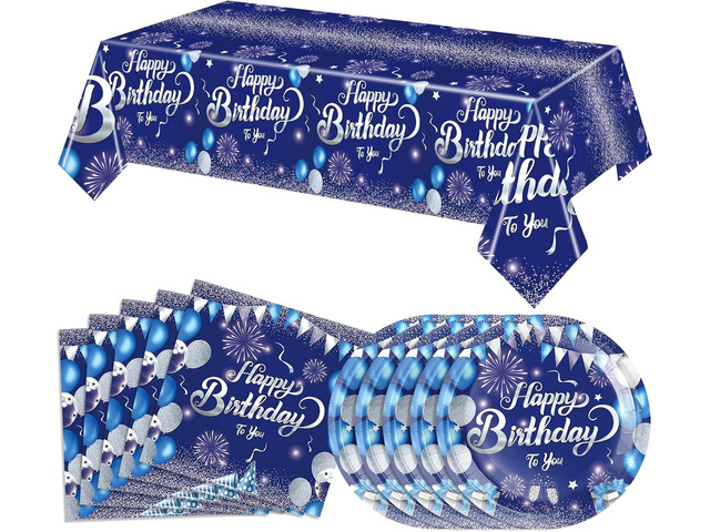 41 PCS Blue Birthday Decorations Blue and Silver Theme Tableware Sets Included Navy Blue Party Plates and Napkins Tablecloth for Men Women...