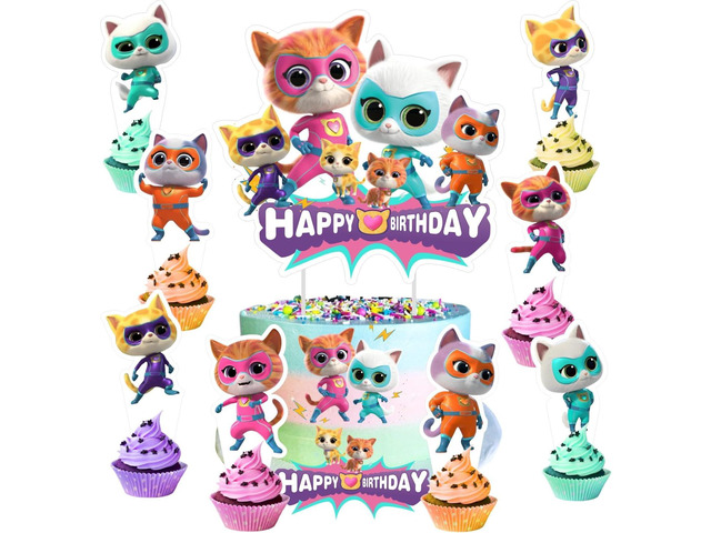 25pcs Super Cats Cake Decorations with 24pcs Cupcake Toppers, 1pcs Cake Topper for cats Birthday Party Supplies