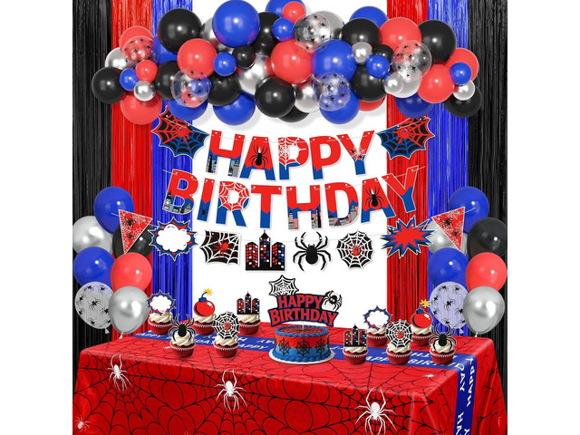 Black Red and Blue Birthday Party Decorations, 67 Pcs Spider Balloons Party Supplies with Table Cloth, Happy Birthday Banner Garland, Foil Fringe...
