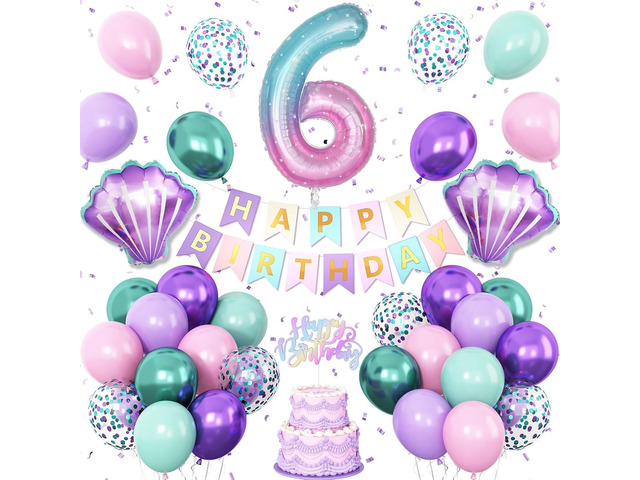 6th Mermaid Birthday Decoration for Girls,Pink Purple Green 6th Birthday Balloon Number 6 Seashell Foil Balloons Banner Mermaid Sea Party Decor...