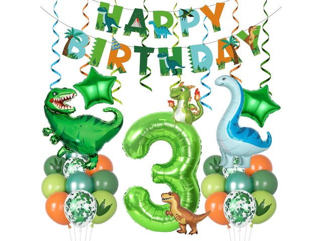 Amandir Dinosaur 3rd Birthday Party Decorations for Boys Girl, Foil Green Star Number 3 Dinosaur Balloons with Happy Birthday Banner Hanging Swirls...