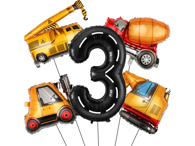 Construction Birthday Decorations 3 Year Old, Large Construction Balloons 40Inch Racetrack Black Number 3 Balloons Construction Truck Foil Balloons...