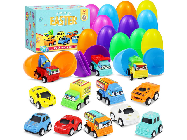12PCS Pre Filled Easter Eggs Car Gifts for Kids with Pull-Back Cars, Trucks; Easter Basket Stuffers, Egg Hunt Supplies, Party Favors, Classroom...