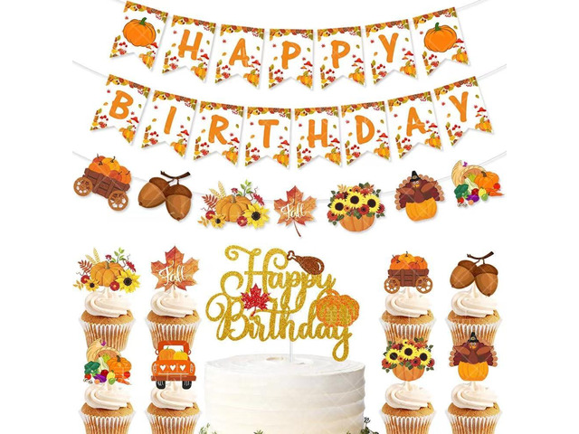Fall Happy Birthday Banner Cute Thanksgiving Birthday Party Decorations Set, Colorful Harvest Autumn Theme Party Decorations Orange Pumpkin Patch...