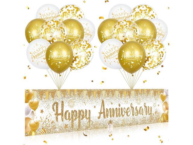 Happy Anniversary Decorations Banner with Balloons Set - Large Gold and White Backdrop Background Sign and Confetti Latex Balloons Kit for Wedding...