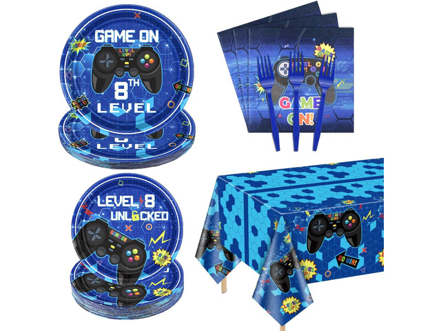 81 Pcs Video Game Party Supplies - 8th Birthday Video Game Party Decor Dinner Plates Napkins Video Game Tablecloth Forks Gaming Party Pack for Kid...
