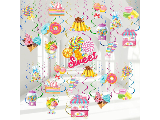 Crtiin 55 Pcs Sweet Candy Party Decoration Sweet Paper Swirls Colorful Lollipop Donut Ice Cream Hanging Swirls for Candy Birthday Party Baby Shower...