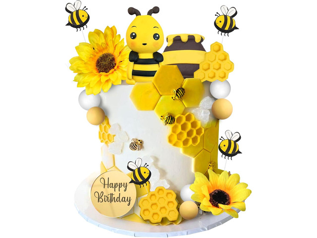 17 PCS Bee Cake Topper Happy bee day Cake Topper Honeycomb Sunflower Cake Decoration for Honeycomb Theme Birthday Party Supplies