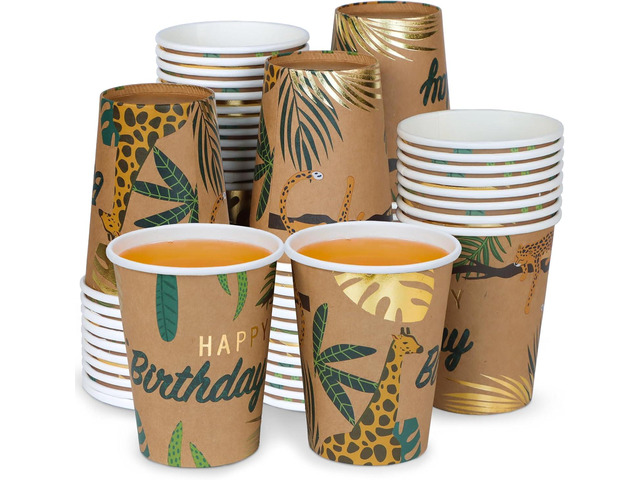 DYLIVeS Animal Birthday Paper Cups, Jungle Safari Disposable Cups Zoo Wild Woodland Summer Tropical Cups Brown and Gold Foil Drink Cups Kids Party...