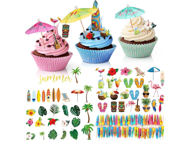 Leinuosen 96 Pcs Summer Beach Cake Decorations Included 48 Hawaiian Style Cupcake Toppers and 48 Cocktail Umbrella Picks for Birthday Party...