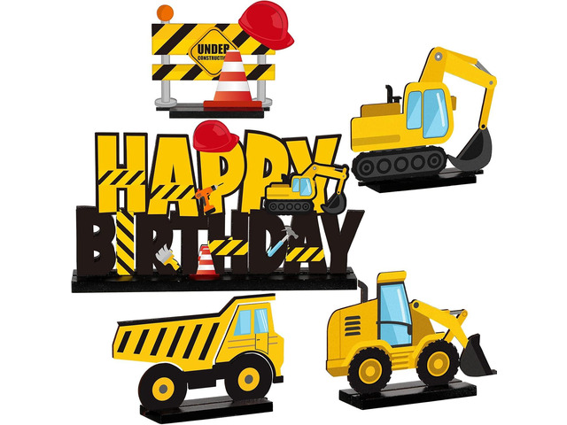 Capoda 5 Pcs Wooden Construction Table Centerpiece Construction Party Decorations Excavator Birthday Decorations Wood Excavator Table Topper for...